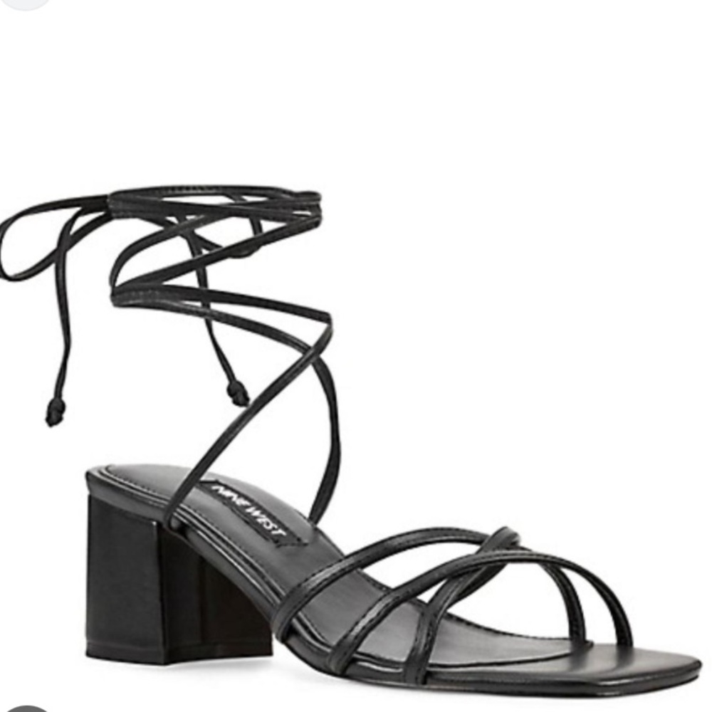 Nine West Black Leather Heeled Sandals with Ankle Wrap. Sz 20.5. Worn once!!
